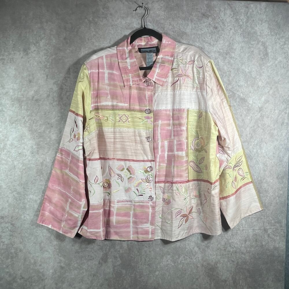 Indigo Moon Shirt Womens 2X Pink Floral Embroidered‎ Long Sleeve Button Up Artsy